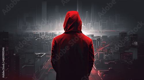 A shadowy figure in a hoodie standing before a futuristic cityscape