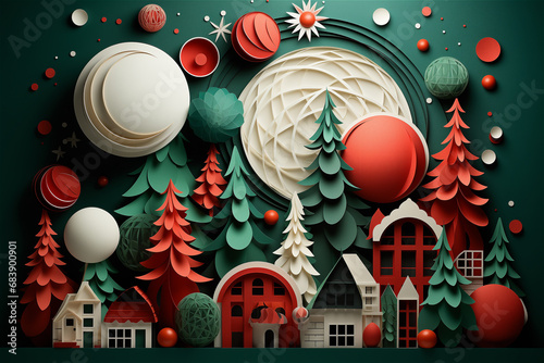 Scène 3D de villages et de décorations de Noël rouges et blanches - ambiance de fête de fin d'année et de joyeux Noël - fond vert photo