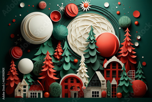 Scène 3D de villages et de décorations de Noël rouges et blanches - ambiance de fête de fin d'année et de joyeux Noël - fond vert
