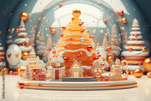 Scène 3D de concept de village de Noël orange et blanc - ambiance de fête de fin d'année et de joyeux Noël - fond bleu photo