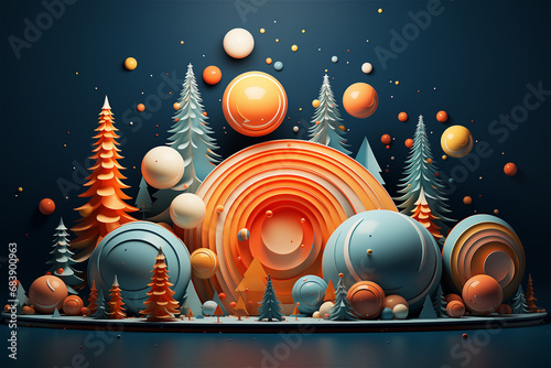Scène 3D de concept de paysage de Noël orange blanc et bleu - ambiance de fête de fin d'année et de joyeux Noël - fond bleu