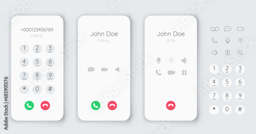 Smartphone dial phone ui set. Phone number pad, call screen with keypad and dial buttons. Mockup incoming call.  isolated illustration touchscreen telephone interface
