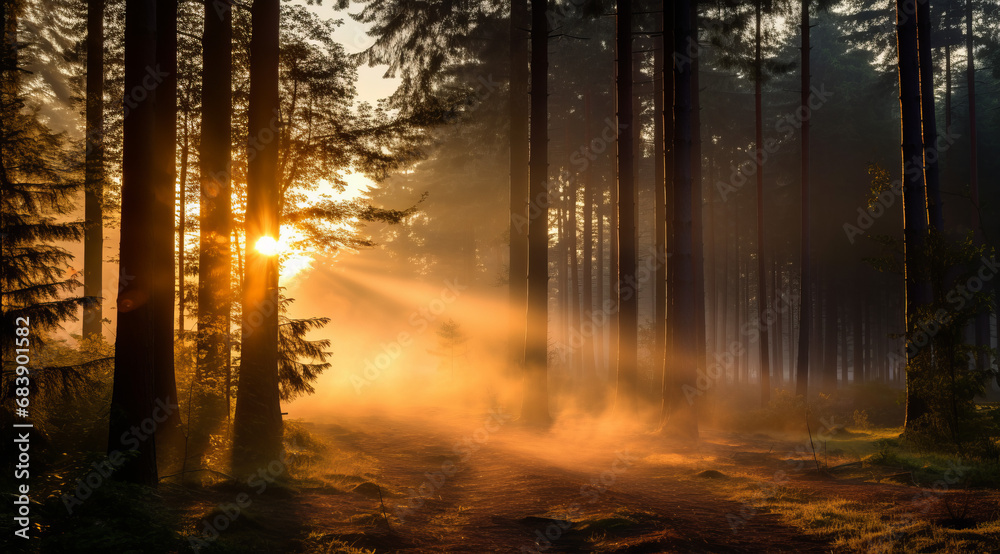 Fototapeta premium Sunrise and mist weave through a dark pine forest.