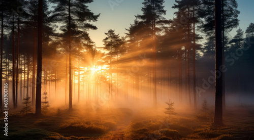 Sunrise and mist weave through a majestic pine forest.