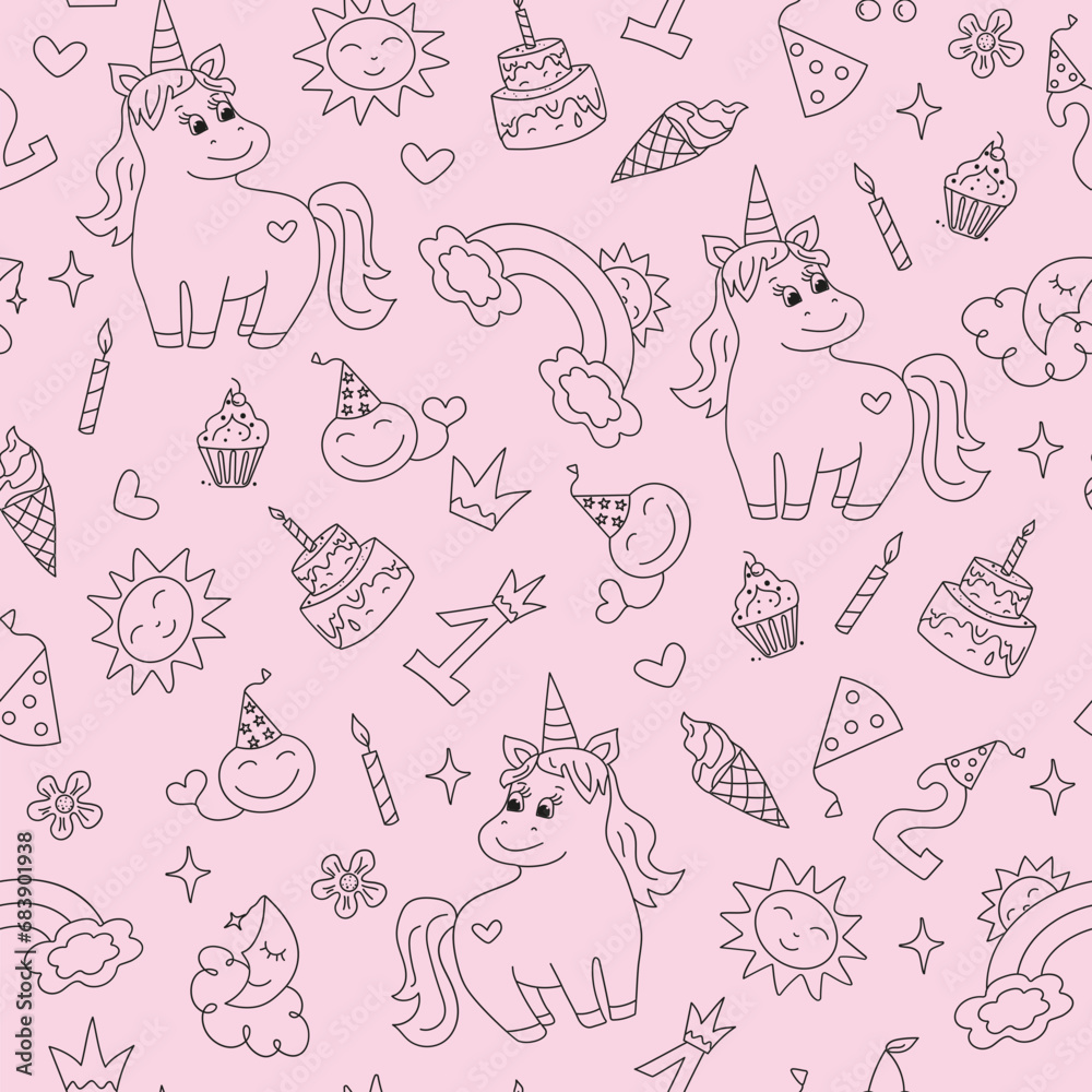 Cute unicorn, pony, cartoon birthday attributes. Pattern Children's holiday, magic doodles. Hand drawn princess drawing set. Vector illustration. Sweets, candles, cap, crown, numbers. 