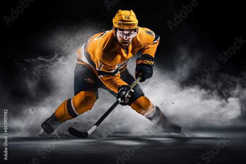 Focused young male ice hockey player isolated on black background