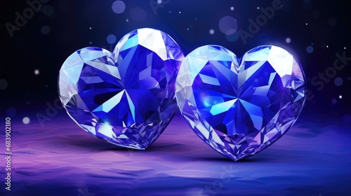 Blue Crystal heart background. Happy Valentines Day  wedding concept. Symbol of love. Diamond gemstones crystalline hearts semi  precious  jewelry. For greeting card  banner  flyer  party invitation..