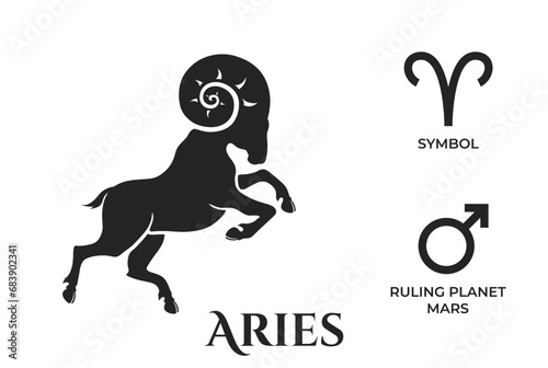 Aries zodiac sign. mars ruling planet symbol. horoscope and astrology icons