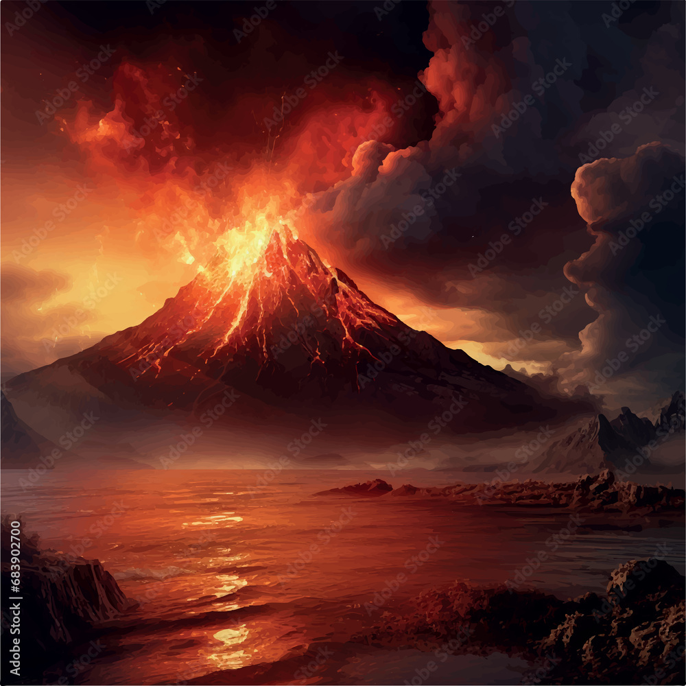 valcano with orange storm sky background illustration - obrazy, fototapety, plakaty 