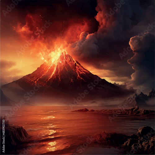 valcano with orange storm sky background illustration photo