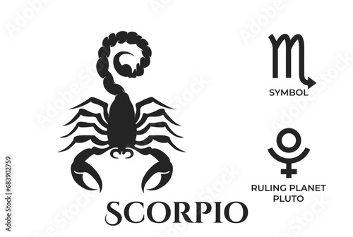 scorpio zodiac sign. pluto ruling planet symbol. horoscope and astrology icons