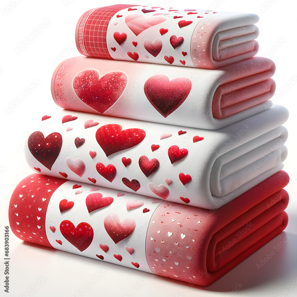 Valentine's Day Decor Towels Stacked - Pink and Red Heart Designs with Textured Polka Dot Edge, Concept of Romantic Home Decor and Love Celebration Valentine's Day Decor Towels Stacked - Pink and Red Heart Designs with Textured Polka Dot Edge, Concept of Romantic Home Decor and Love Celebration