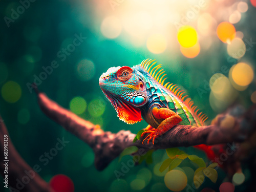 Colorful chameleon on a branch with bokeh background