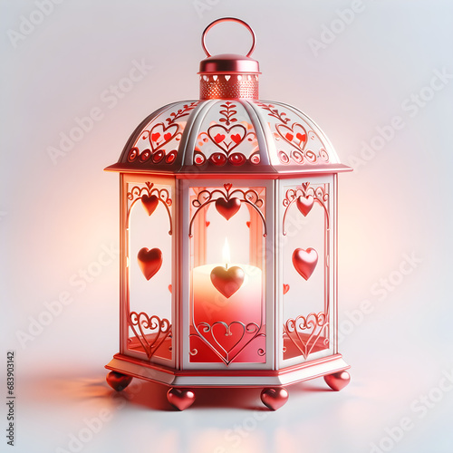 Romantic Valentine's Day Red Lantern with Candlelight and Heart Motifs - Warm Glowing Ambiance for Cozy Love Concept and Intimate Celebrations photo