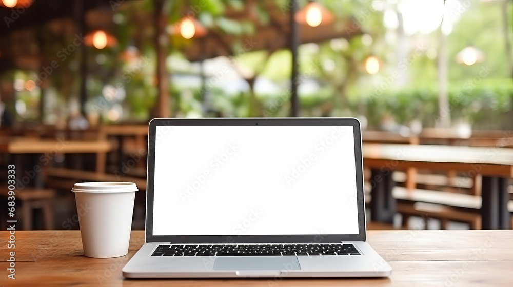 Coffee cup and laptop blank screen on wooden table in coffee shop blurred background.Generative AI. - obrazy, fototapety, plakaty 