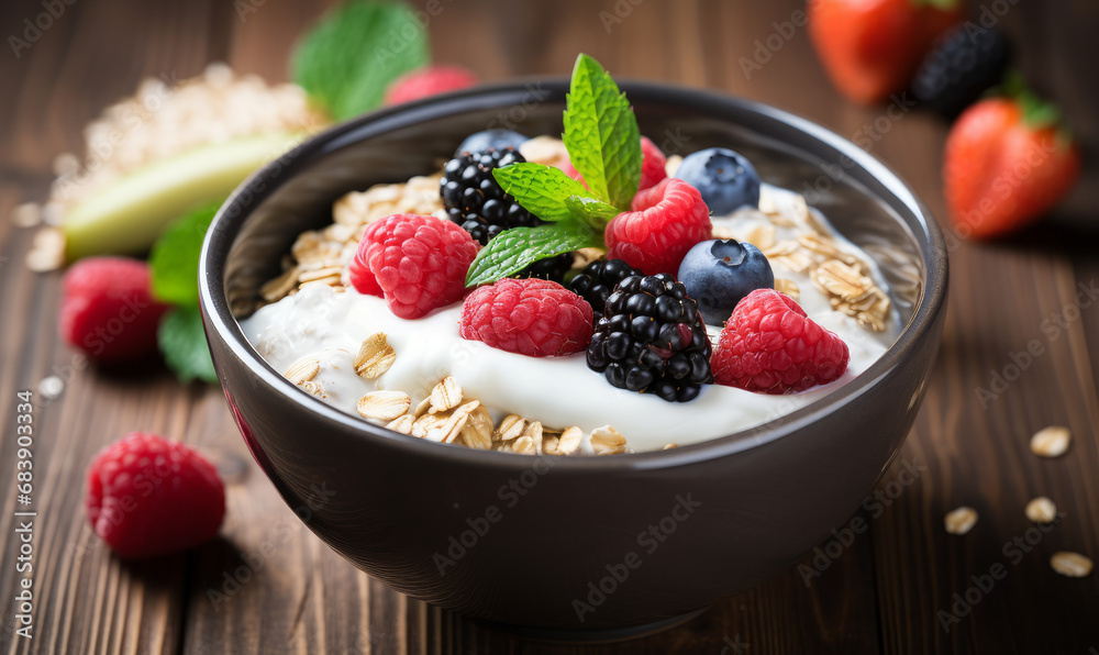 Creamy yogurt topped with oats and a mix of colorful berries on a wooden surface. Creamy yogurt topped with oats and a mix of colorful berries on a wooden surface.
