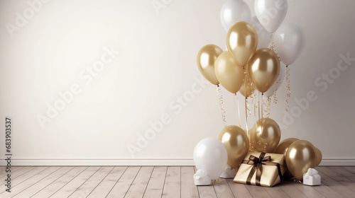 minimalist celebration background with golden and white balloons and elegant gifts