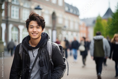 Young Asian refugee carrying a backpack on it, standing in front of the entrance to a European study center, Diverse students passing by, carrying books and backpacks on their shoulders photo
