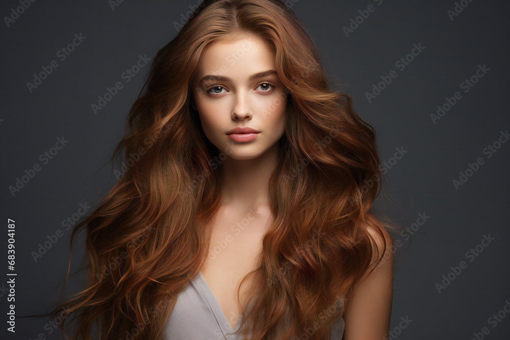 Woman with lovely golden brown hair on a gray background,ai generated Woman with lovely golden brown hair on a gray background,ai generated