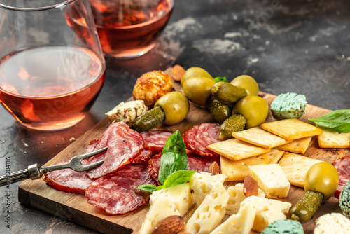 Antipasto board with various meat and cheese snacks. Food recipe background. Close up