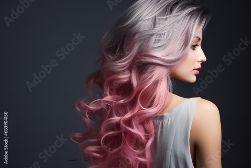 Woman with lively pink hair on a gray background,ai generated