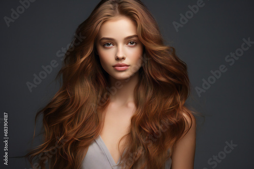 Woman with lovely golden brown hair on a gray background,ai generated