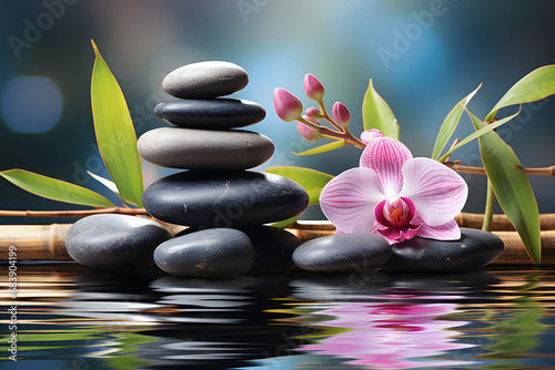 a stack or pyramid of stones, bamboo and an orchid in the water. balancing pebble stone. concept of relaxation, equilibrium.