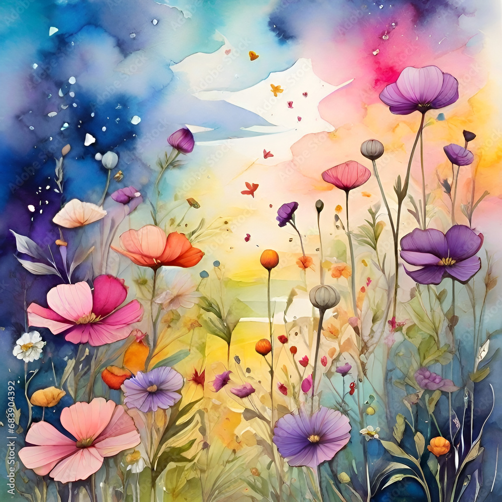 Wildflower field watercolor painting, generative ai Wildflower field watercolor painting, generative ai