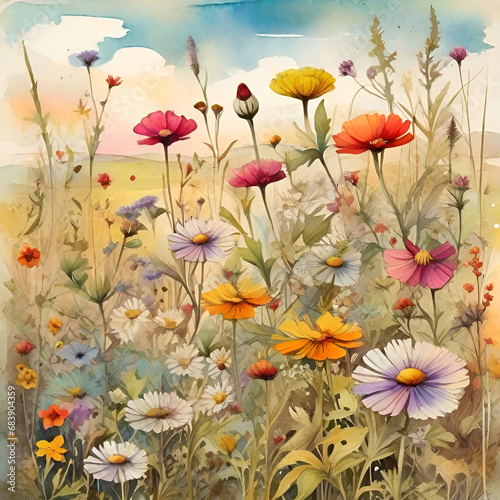 Wildflower field watercolor painting  generative ai