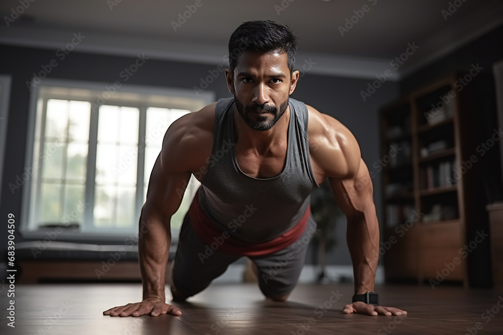 Indian man exercising at home.Exercise and healthy lifestyle concepts,ai generated Indian man exercising at home.Exercise and healthy lifestyle concepts,ai generated