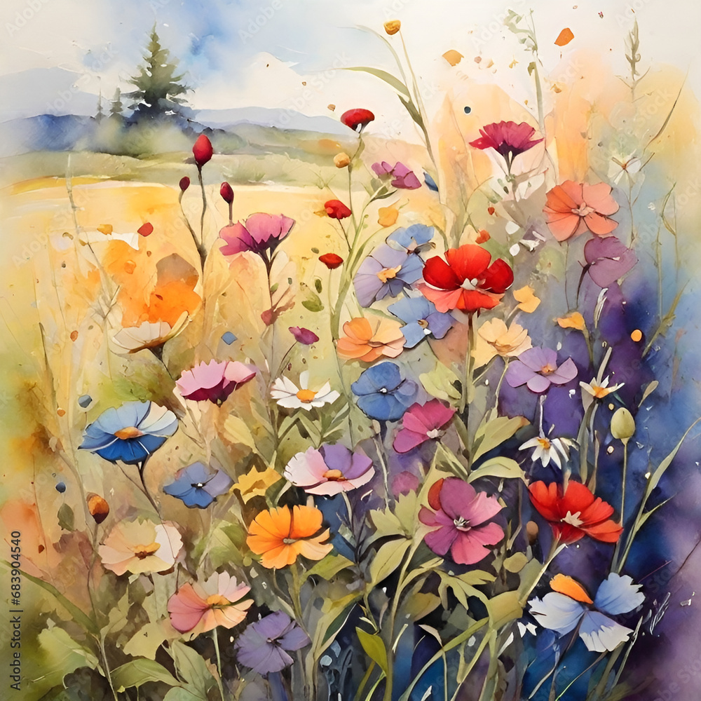 Wildflower field watercolor painting, generative ai
