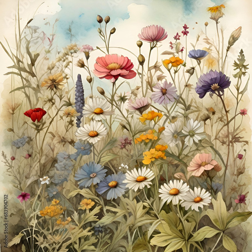 Wildflower field watercolor painting, generative ai © Andreea Eremia 