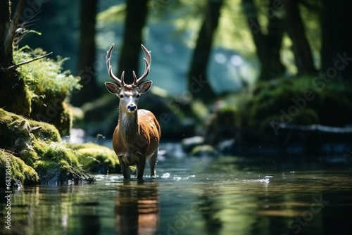 Beautiful deer in the forest with river,ai generated