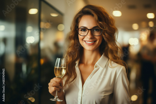 Young business woman holding a glass of champagne,ai generated