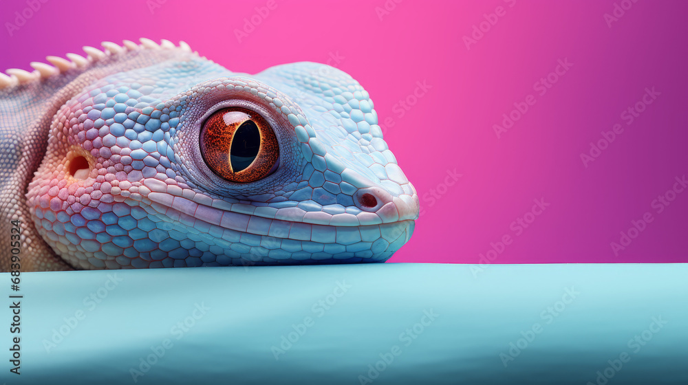 Lizard peeking over pastel bright background