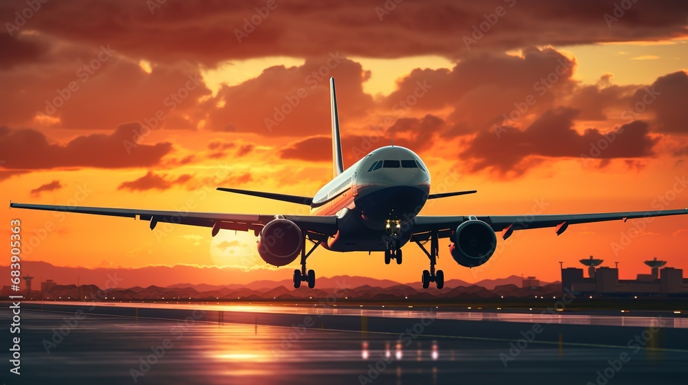 Airplane landing at the airport during summer sunset, transportation concept Airplane landing at the airport during summer sunset, transportation concept