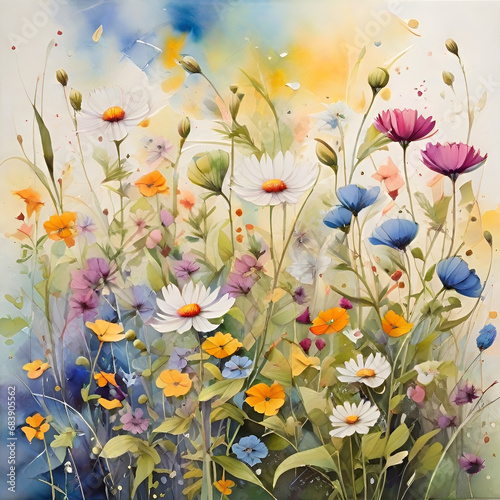 Wildflower field watercolor painting, generative ai