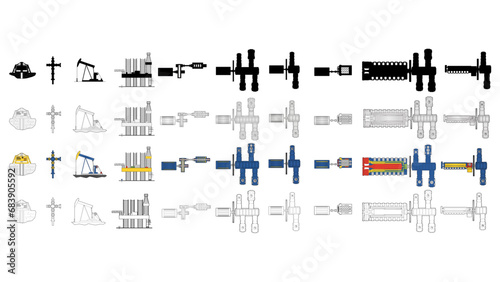 Petroleum industry symbol drawing showing wellhead, christmas tree, pumpjack, jackup rig, and natural gas compressors (motors and engines driving reciprocating, screw, and centrifugal compressors)