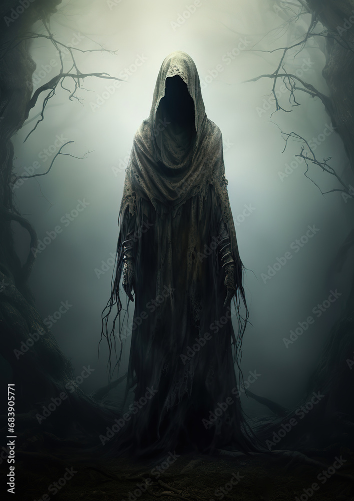 creepy looking creature with long hood, standing in a foggy area, generative ai creepy looking creature with long hood, standing in a foggy area, generative ai