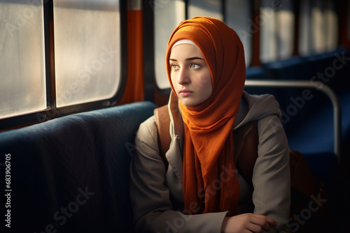 Portrait of a Muslim girl in a hijab with a sad expression on her face, sitting on a bus. Loneliness and fear in a foreign country. Adaptation of migrants and refugees from the East photo