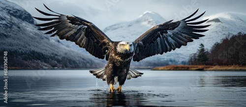 In the winter of Scotland, amidst the serene beauty of nature, a majestic eagle gracefully spreads its wings, soaring above a tranquil lake, on the lookout for fish, hunting its prey, the elusive photo