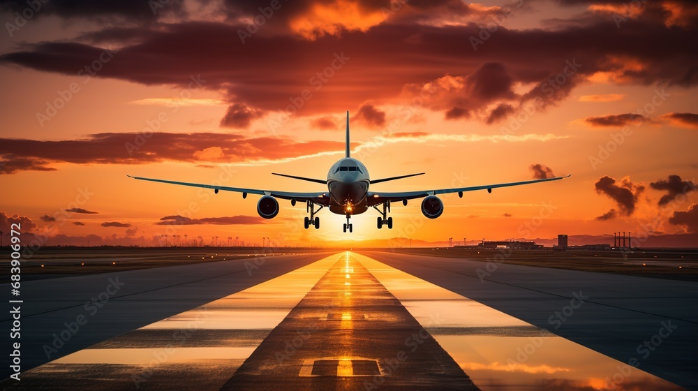 Airplane landing at the airport during summer sunset, transportation concept Airplane landing at the airport during summer sunset, transportation concept