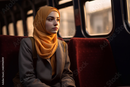 Portrait of a Muslim girl in a hijab with a sad expression on her face, sitting on a bus. Loneliness and a sense of fear of the future. Adaptation of migrants and refugees from the East photo