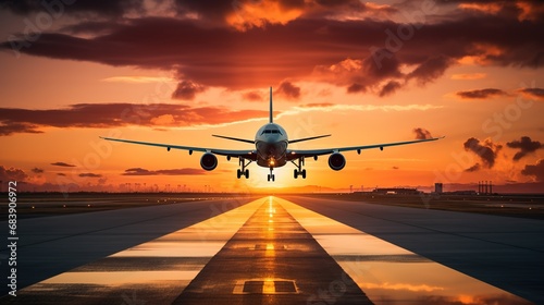 Airplane landing at the airport during summer sunset, transportation concept