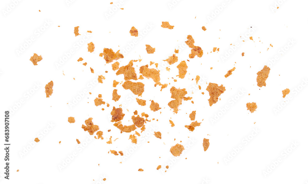 Pile crust bread crumbs, scattered pieces flying isolated on white, clipping path - obrazy, fototapety, plakaty 