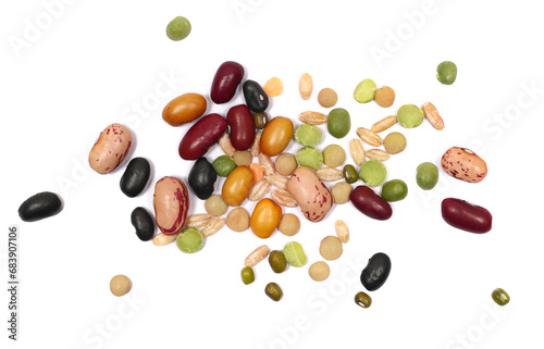 Mix legumes and cereals, (beans, peas, lentils, barley, spelt) isolated on white, top view photo