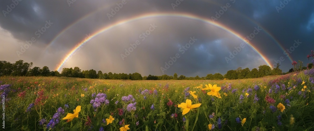Naklejka premium A field of wildflowers with a rainbow arching across the sky after a refreshing rain