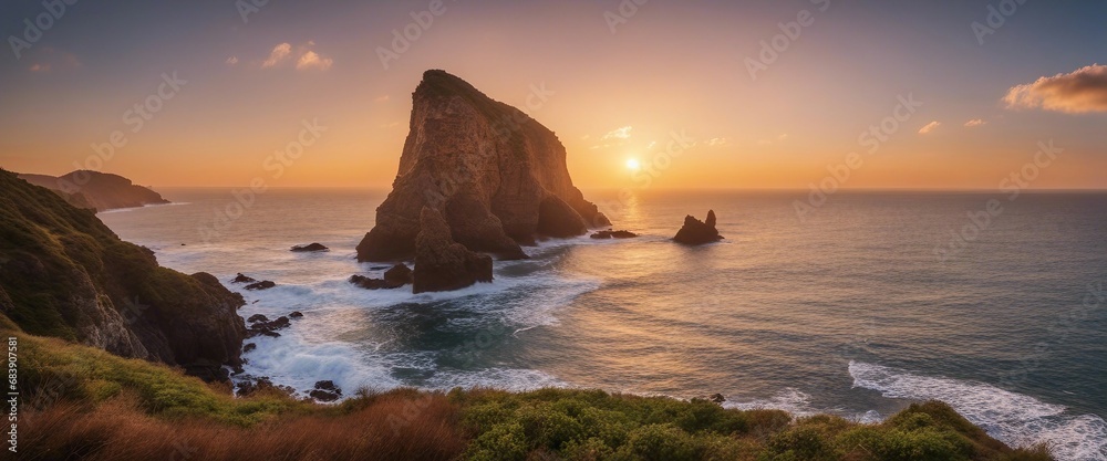 A serene coastal scene with rugged cliffs overlooking a calm ocean at sunrise