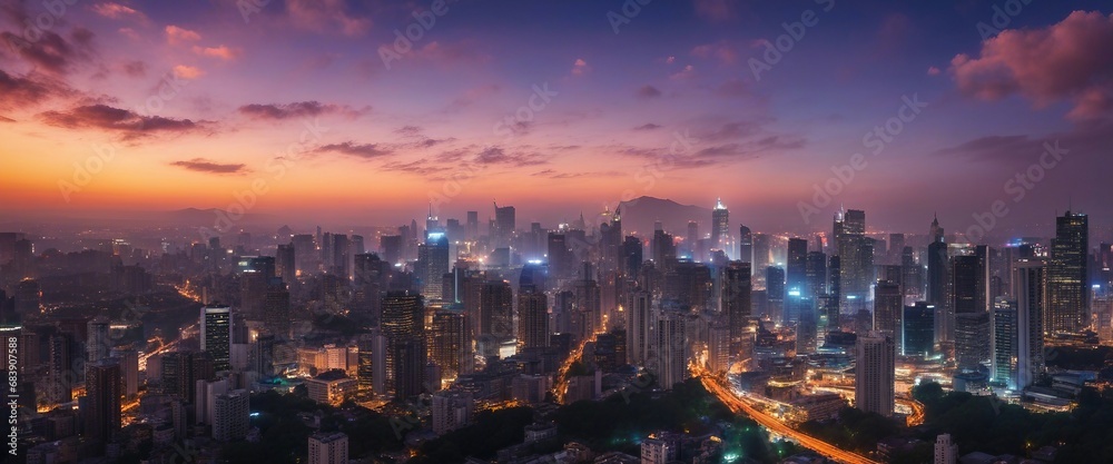 A sprawling cityscape illuminated with thousands of lights just after sunset during the blue hour