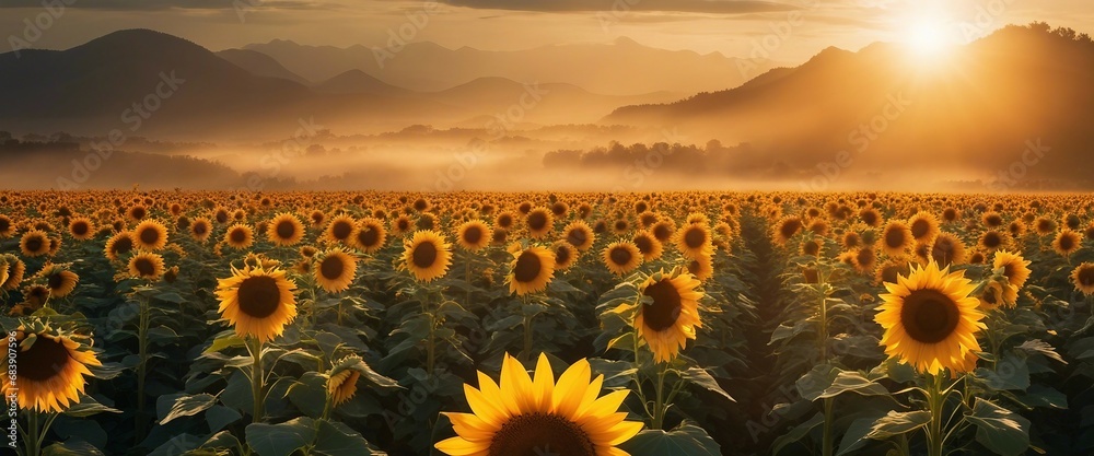 A sunflower field with the flowers facing the rising sun, symbolizing growth and optimism - obrazy, fototapety, plakaty 
